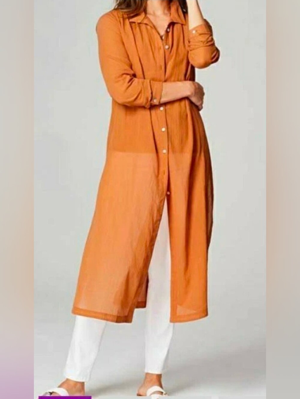 J. Jill Lightweight Button-Front Long Shirt Dress — Warm Orange 2x